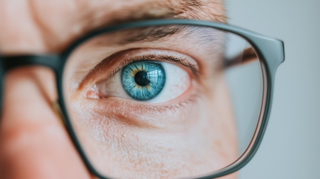 Close up of mans eye wearing glasses showcasing vibrant blue color and detail