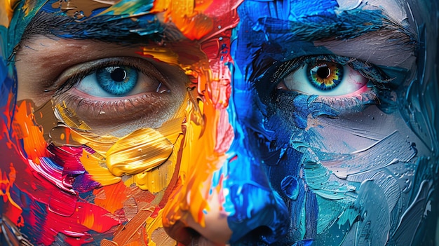 A close up of a mans face with colorful paint strokes on his skin