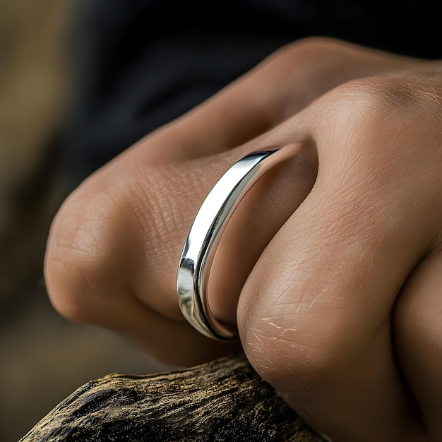 Close up of a mans hand holding a wedding ring on a piece of wood