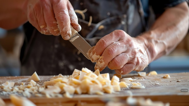 Close up of a mans hands cutting a piece of wood with a knife