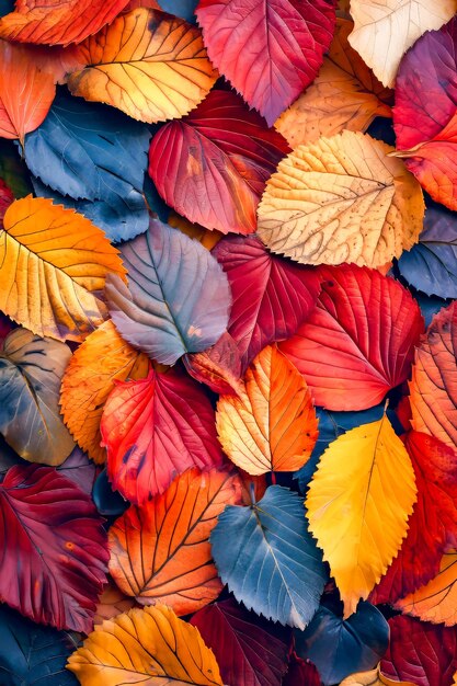 Close up of many colorful leaves mainly red and yellow Generative AI