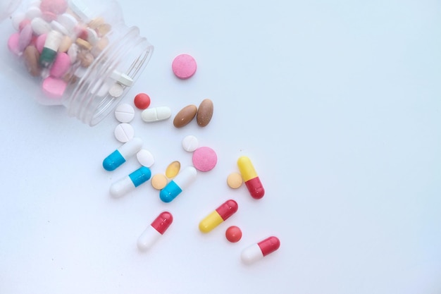 Close up of many colorful pills and capsules