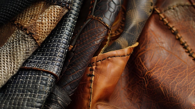 a close up of many leather and leather items including a leather jacket