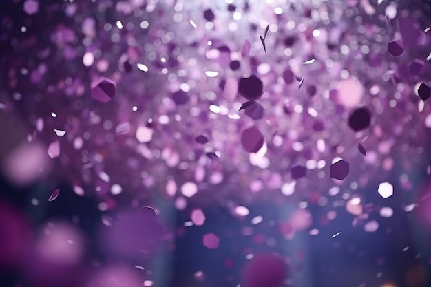 Close up many party people dancing purple lights confetti flying everywhere nightclub