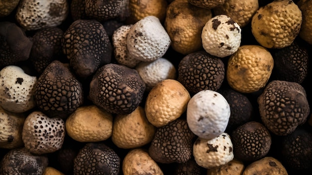 Close up of many truffle gourmet mushrooms Generative AI