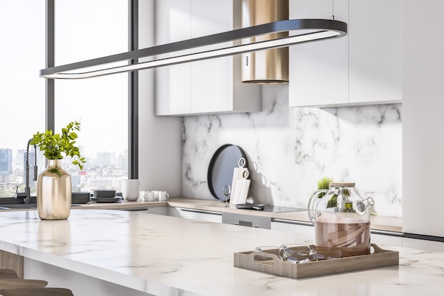 Close up of marble kitchen island with glass kettle various objects window with city view and daylight 3D Rendering