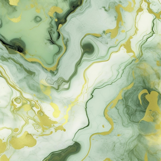 A close up of a marble surface with a gold and green design generative ai