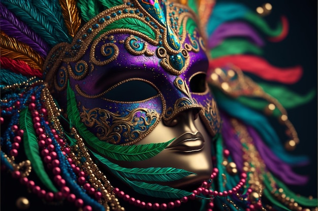 Close up Mardi Gras Mask and beads colorful Generative Ai