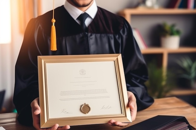 Photo close up on master degree certificate with student man studying from webinar lesson class in home