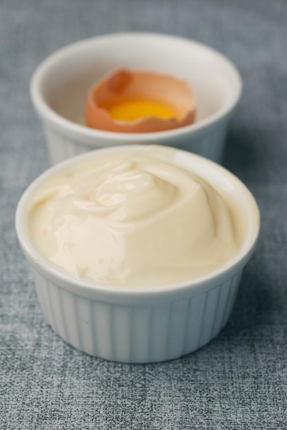 Close up of mayonnaise in container on table