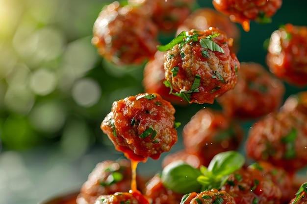 Close up of meatballs with tomato sauce falling