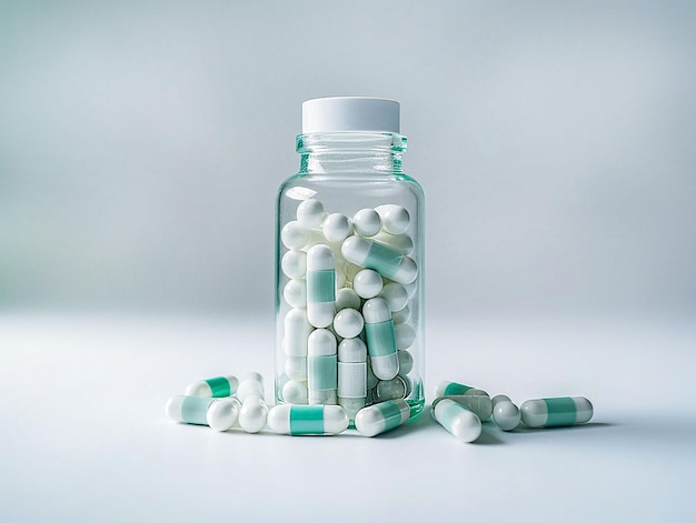 Close up of medical marijuana products with cannabinoid capsules in bottle with marihuana leaves