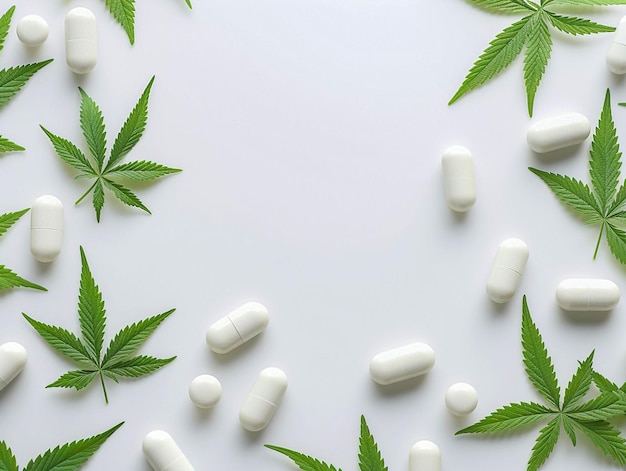 Close up of medical products with cannabinoid capsules with marihuana leaves