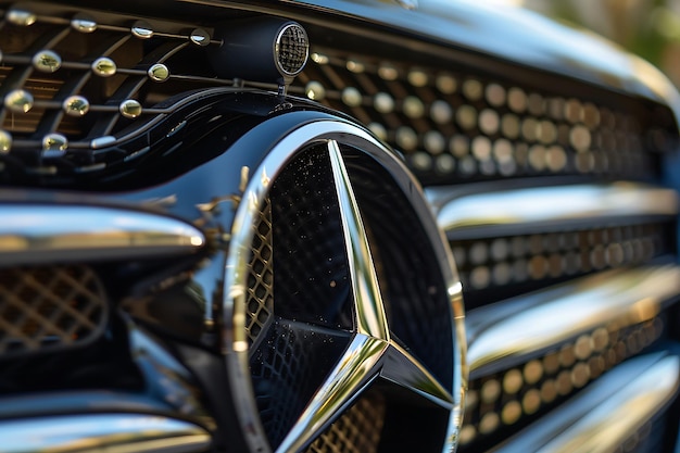 a close up of a mercedes benz car with a silver grill and a black grill