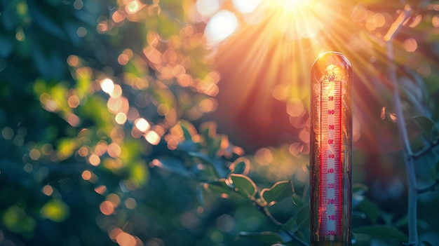 Photo close up of mercury thermometer showing rising temperatures amidst harsh sunlight and global warming