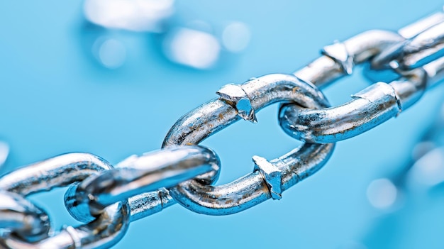 Close up of a Metal Chain Link on a Blue Background