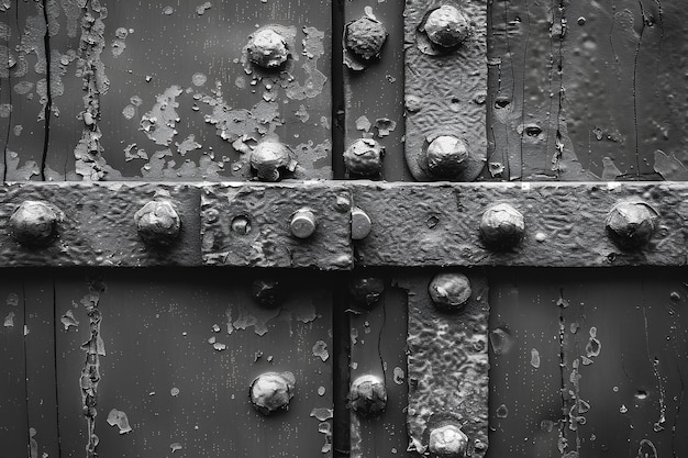 A close up of a metal door with rivets