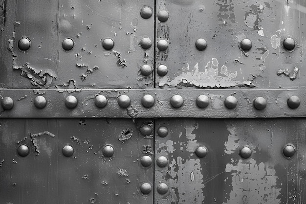 A close up of a metal door with rivets