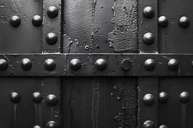 A close up of a metal door with rivets