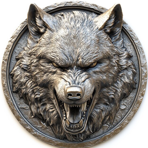 Photo a close up of a metal plaque with a wolf head on it