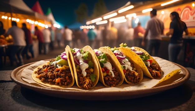 Close up of mexican tacos at street food festival