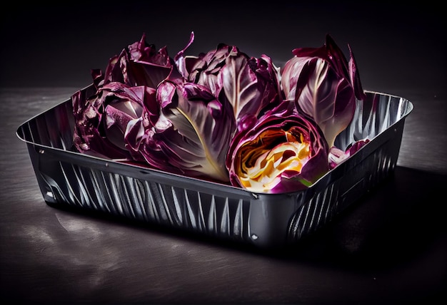 Close up of micro green radicchio sprouts growing edible plants in tray Vegan healthy eating AI Generated