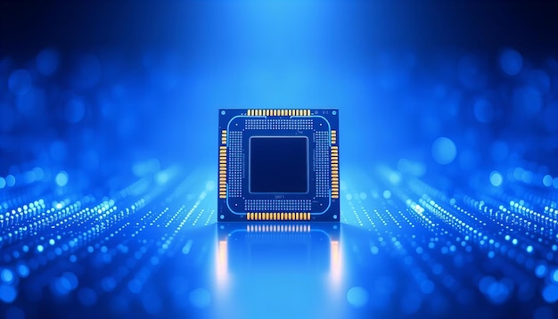 A close up of a microchip on a blue background