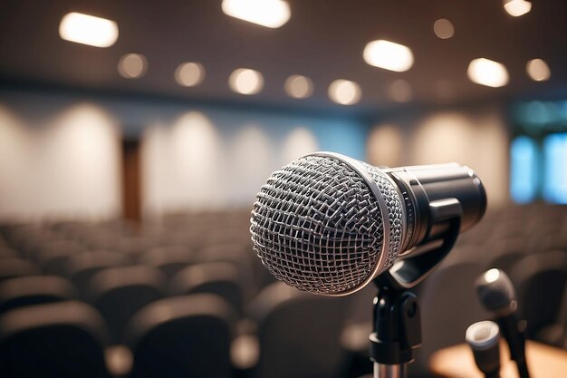 Close up of microphone on abstract blurred of speech in seminar room or speaking conference hall light Event Background