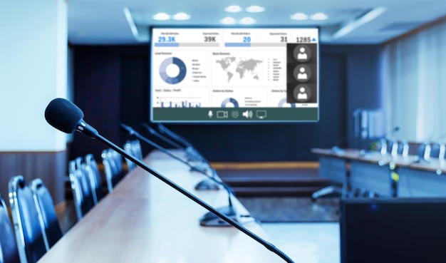 Close up microphone on table with presentation on projector screen background in meeting room