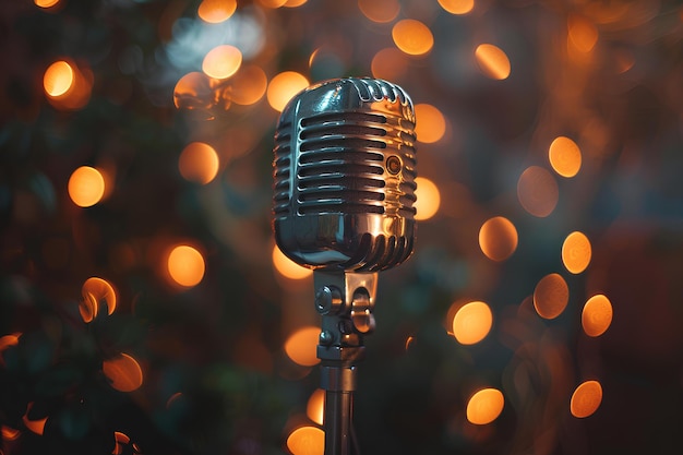 A close up of a microphone with lights in the background