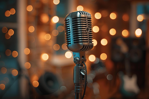 A close up of a microphone with lights in the background