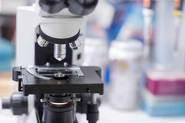 Close up of microscope at the blood laboratory,