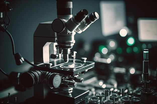 Close up of a microscope and scientific instruments a microscope in a lab