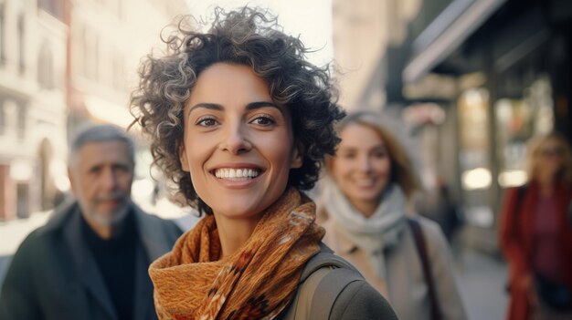 Close up midaged cheerful diverse woman on the spring daylight street ready for women or teachers