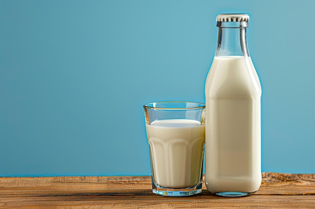 Close up of milk bottle and glass on wooden table with blue background low angle view