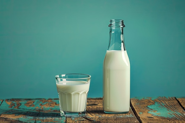 Close up of milk bottle and glass on wooden table with blue background low angle view