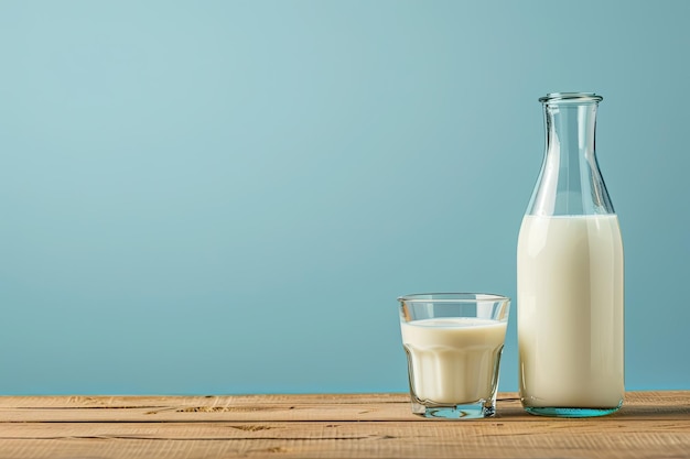 Close up of milk bottle and glass on wooden table with blue background low angle view