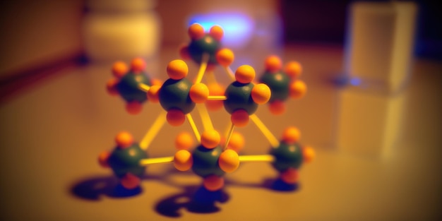 A close up of a model of a molecule with orange and green spheres.