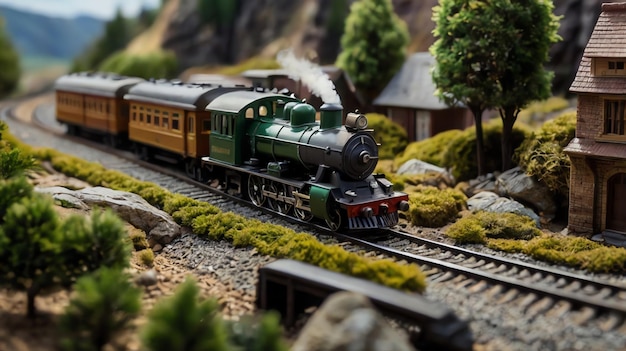 A close up of a model train set in a mountainous landscape with trees rocks and a small station ho