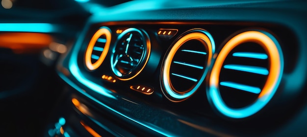 Photo close up of modern car dashboard with glowing air vents and blue ambient lighting at night