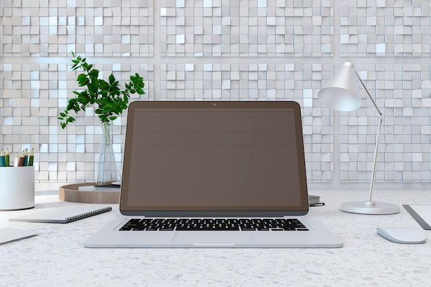 Close up of modern designer desktop with empty laptop screen lamp supplies various other objects and shiny light tile wall background 3D Rendering