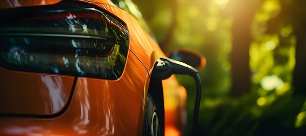 Close up of a modern electric car charging at a charging station surrounded by trees