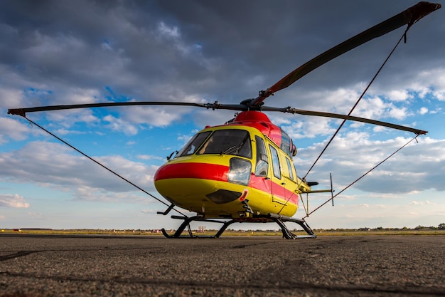 Close-up modern medical helicopter at the helipad