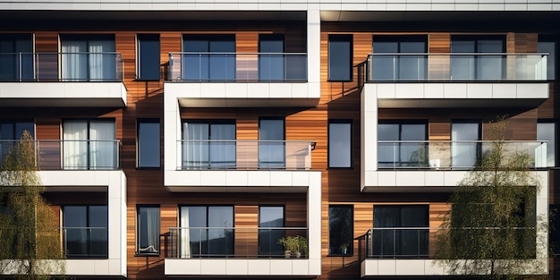 Close up of a modern residential building facade sleek design clean lines and advanced materials creating a contemporary look AI Generative AI