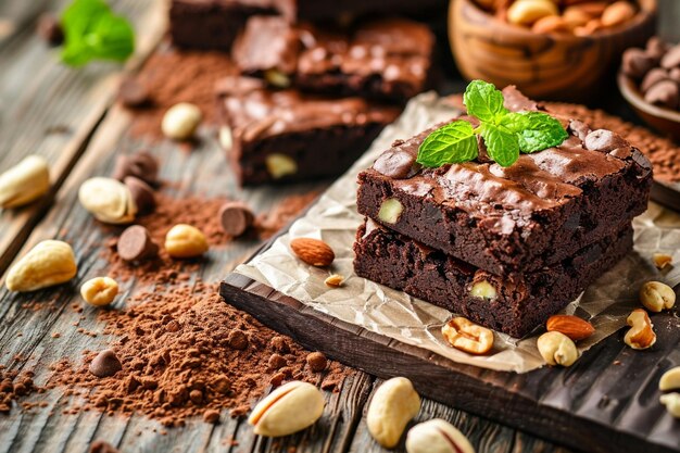 A close up of moist dark chocolate brownie with mix nut on top over wooden table