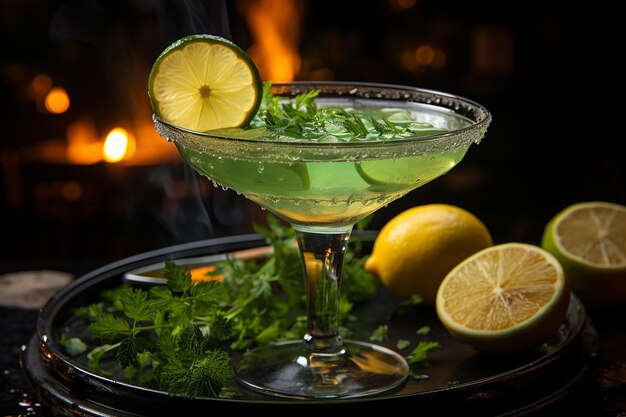 Close up of a Mojito glass with a flaming lime slice as a unique garnish