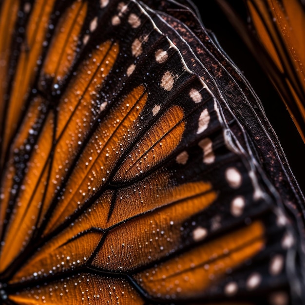 A close up of a monarch butterfly wing