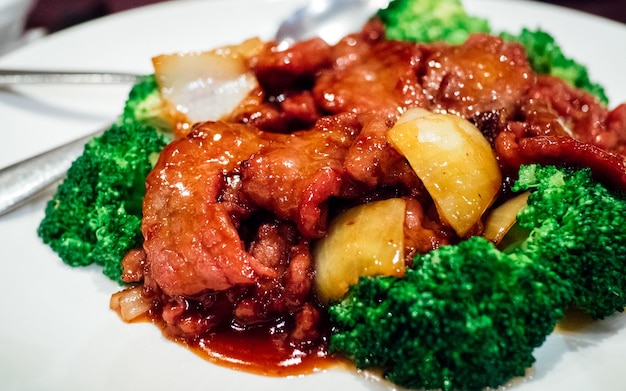 Close-up of mongolian beef served in plate