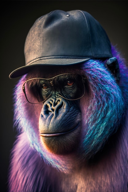 Close up of a monkey wearing a hat and glasses