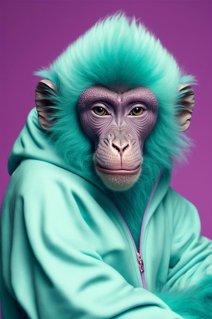 Close up of a monkey wearing a hoodie